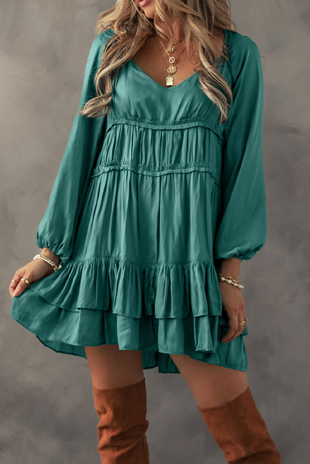 Mist Green Tiered Ruffled Puff Sleeve Loose Fit Mini Dress