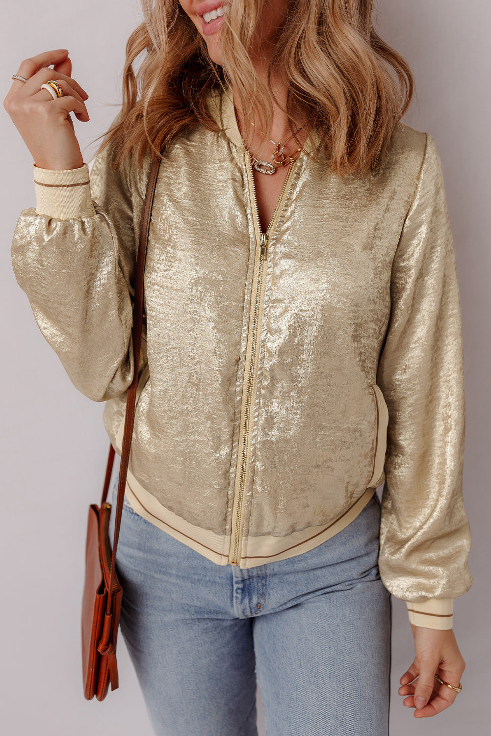 Pale Khaki Metallic Zip up Baseball Jacket