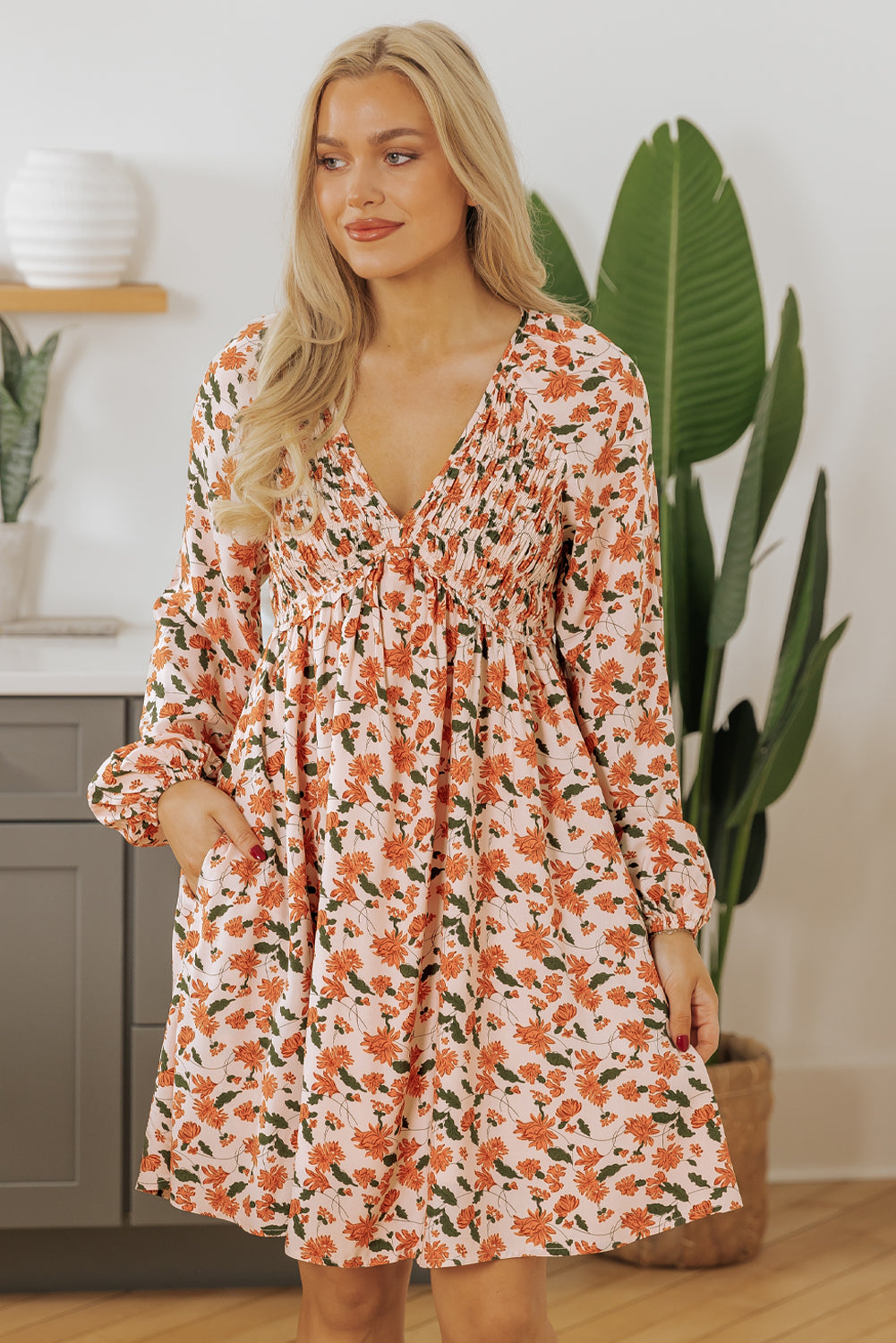 Beige Floral Deep V Neck Smocked Bust Bubble Sleeve Babydoll Dress